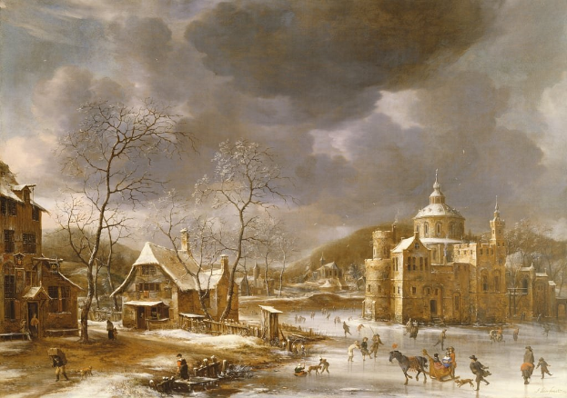 Winterlandschaft mit Menschen, die auf einem zugefrorenen Fluss Schlittschuh laufen, Häuser und Bäume säumen die Ufer, eine Kirche im Hintergrund unter einem bewölkten Himmel.
