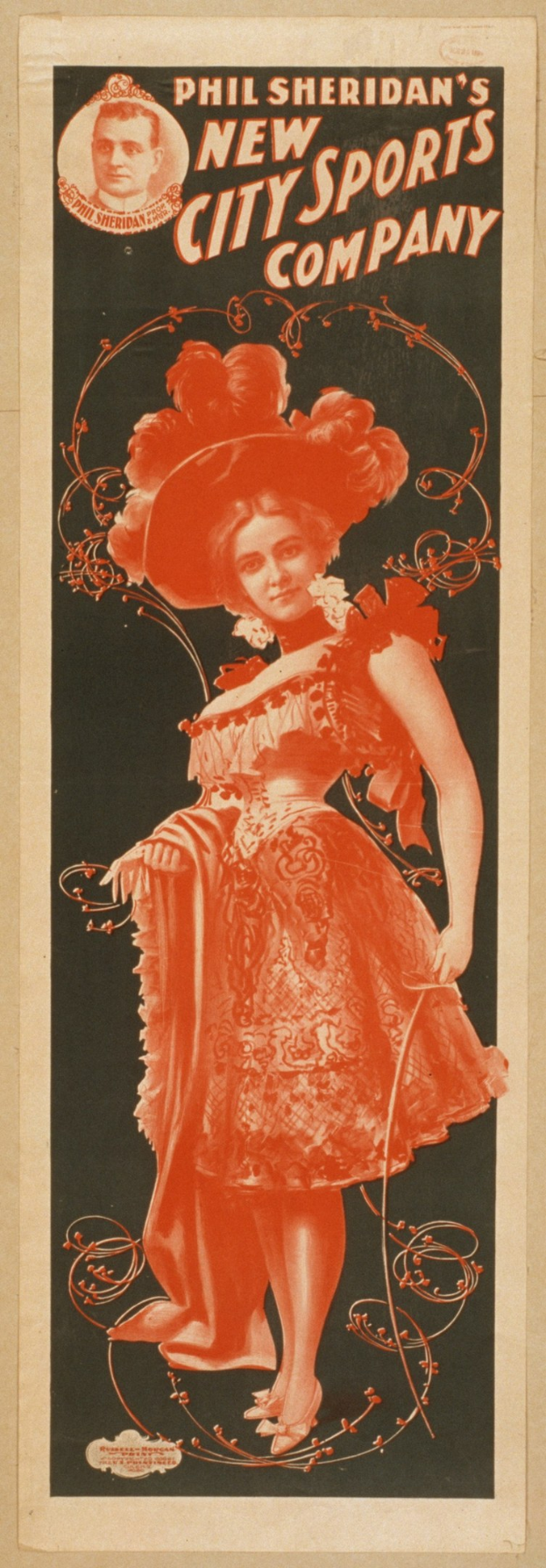 Plakat für die neue Sportstadt Phil Sheridans New City Sports Company mit einer Frau in rotem Kleid und Hut, Text beschreibt das Unternehmen und seine Dienstleistungen.