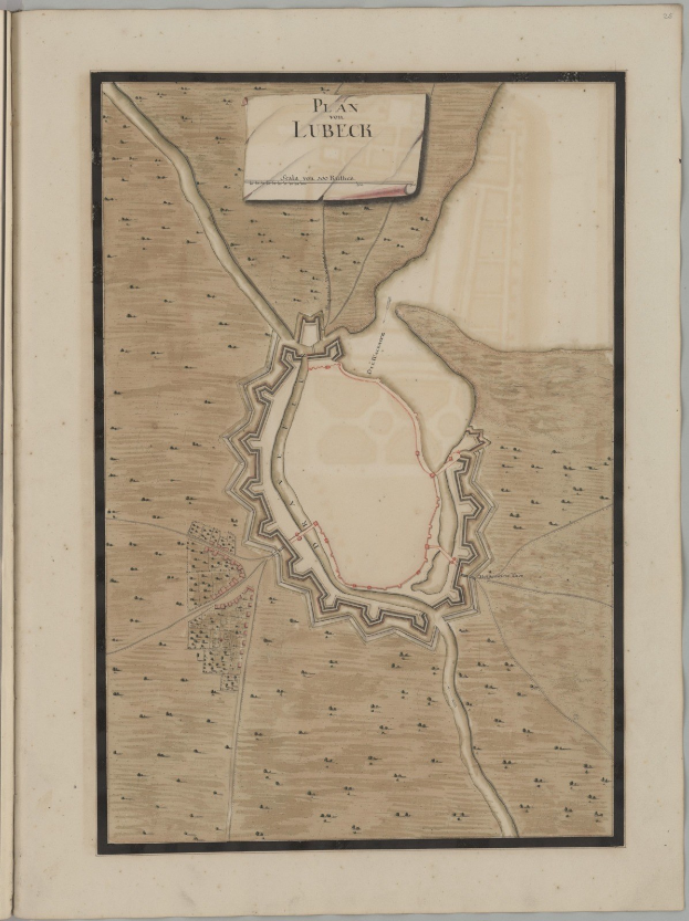 Ein abgenutztes Buch mit einer detaillierten Karte von Lübeck, Deutschland, das Straßen, Gebäude und Sehenswürdigkeiten zeigt und von Texten über die Bevölkerung, Geschichte und Kultur der Stadt begleitet wird.
