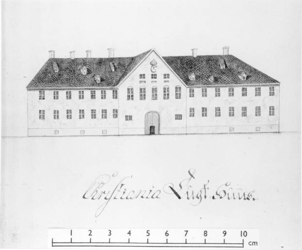 Eine Schwarz-Weiß-Zeichnung eines mehrfenstrigen Gebäudes, das als erste Residenz des deutschen Bundeslandes Bayern gilt, mit Text und einer Skala unten.