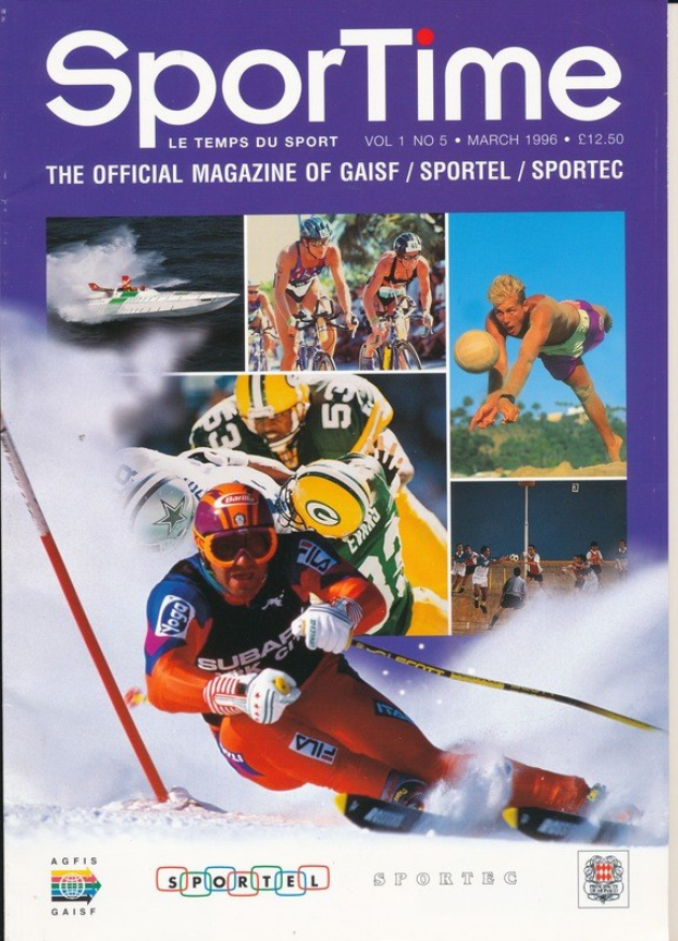Titelbild des *Sporttime Magazin* März 1996 mit Skifahr- und Snowboard-Bildern, Text und Logos.