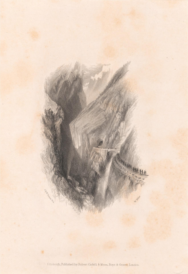 Gravur eines Berges mit einer Brücke darüber, die den Aufstieg des Mount Everest von dessen Gipfel aus zeigt, begleitet von Text.