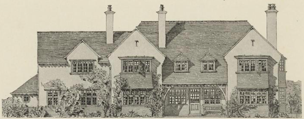 Eine Zeichnung eines großen Hauses mit vielen Fenstern, umgeben von Bäumen und Pflanzen, mit dem Text "1890er-Hauspläne zum Verkauf" unten.