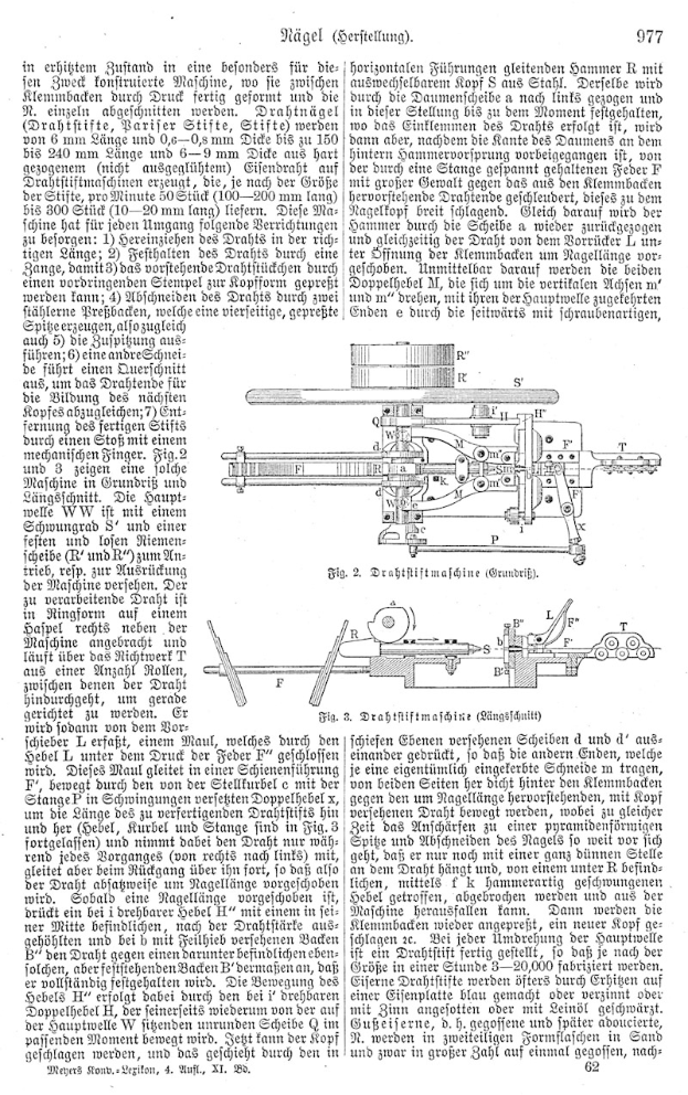 Eine Buchseite mit einem deutschen Patentdokument (977,977) mit einer zentralen Maschinenzeichnung und mehreren kleineren Bildern der Maschine.