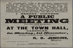Öffentliche Versammlung in Cardigan am Montag, den 1. November 1858, auf altem Papier gedruckt.