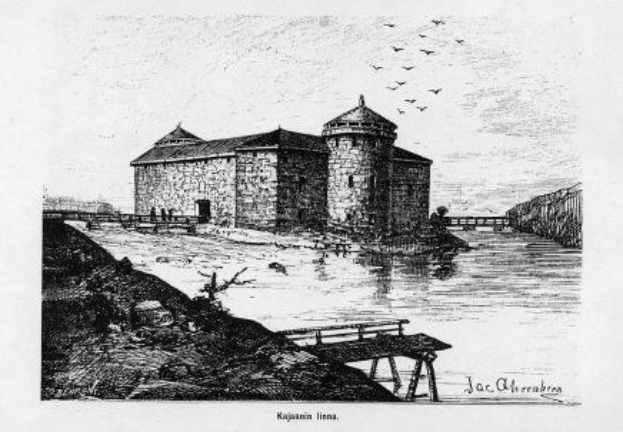 Schwarze und weiße Zeichnung einer Burg auf einer Insel mit einer Brücke im Hintergrund und Vögeln am Himmel, mit dem Wort "Kaparin" unten.