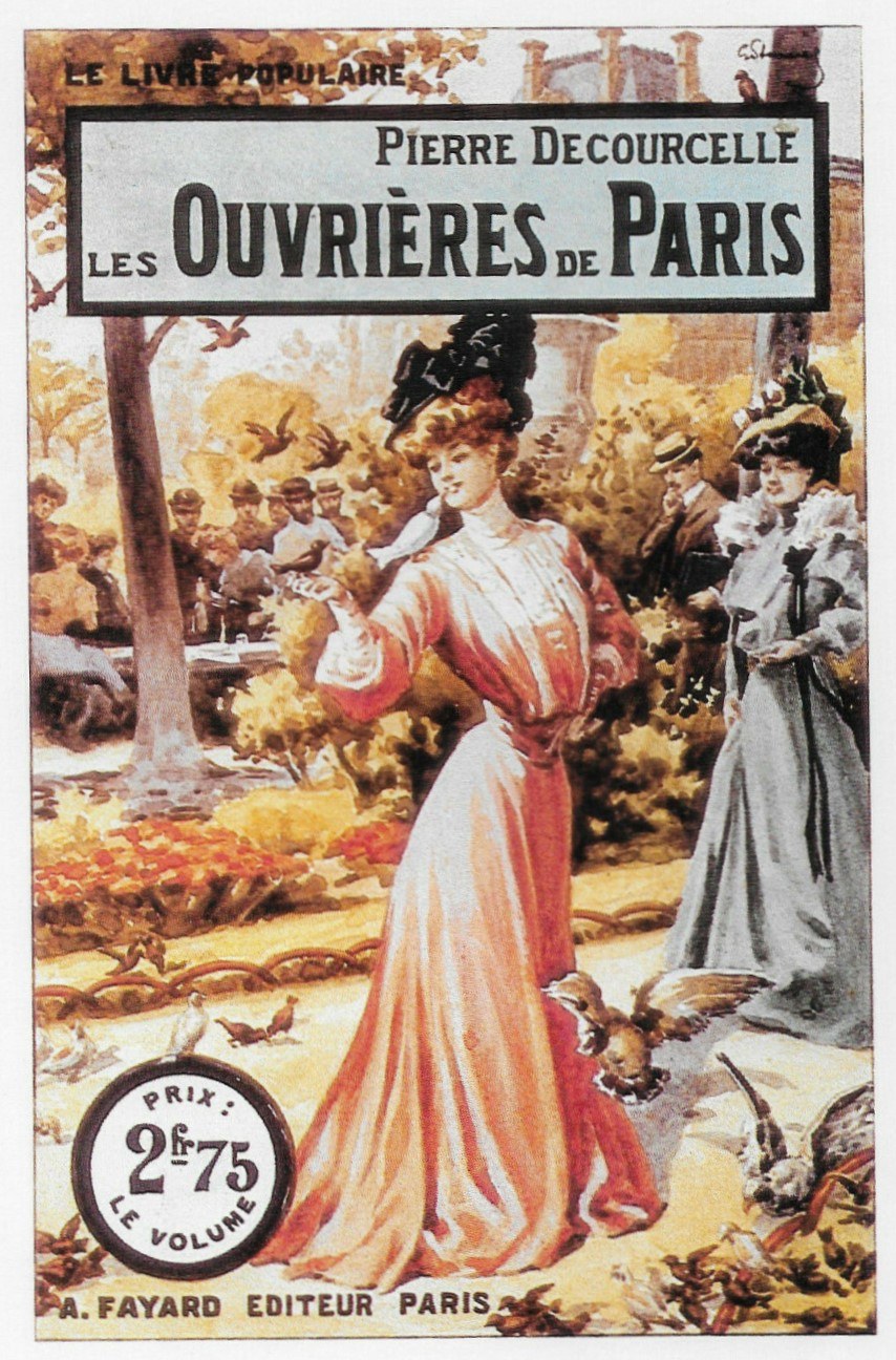 Plakat, das "Les Ouvrières de Paris" von Pierre Decourcelle ankündigt, mit einer zentralen Frau umgeben von Menschen, Bäumen und Vögeln sowie zusätzlichem Text.