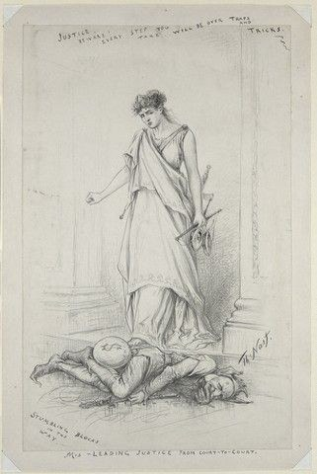 Eine Frau in einem langen Kleid steht mit gefalteten Händen neben einem Mann, der auf dem Rücken liegt und den Kopf in den Händen hat, mit dem Text "Die führende Richterin des Kreisgerichts" sichtbar.