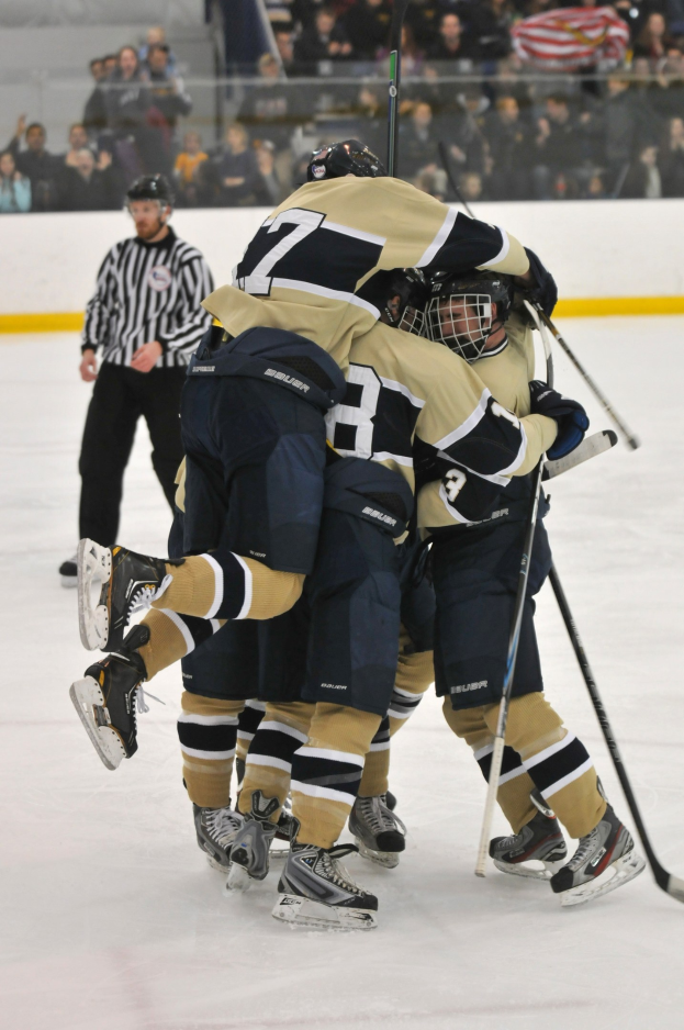 Hockeyspieler in Uniform und Helmen versammeln sich auf dem Eis während eines Spiels, mit Zuschauern im Hintergrund hinter einer Wand.