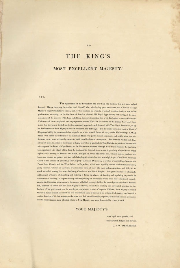 Offenes Buch mit der Aufschrift "Zu des Königs allerhöchster Majestät" in fetter schwarzer Schrift auf einem weißen Blatt, eingerahmt von einem goldenen Rand.