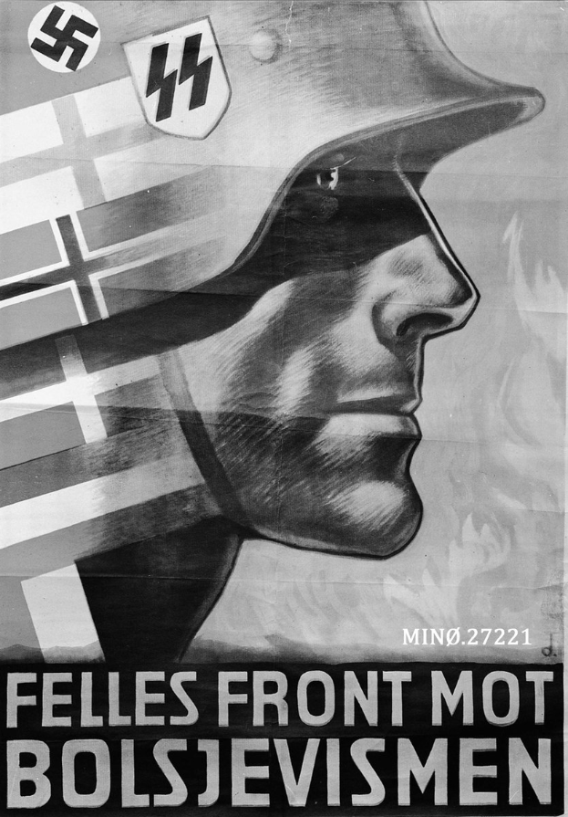 Schwarz-weiß-Propagandaplakat mit einem Mann in einem Helm mit einem Nazi-Symbol und Text.