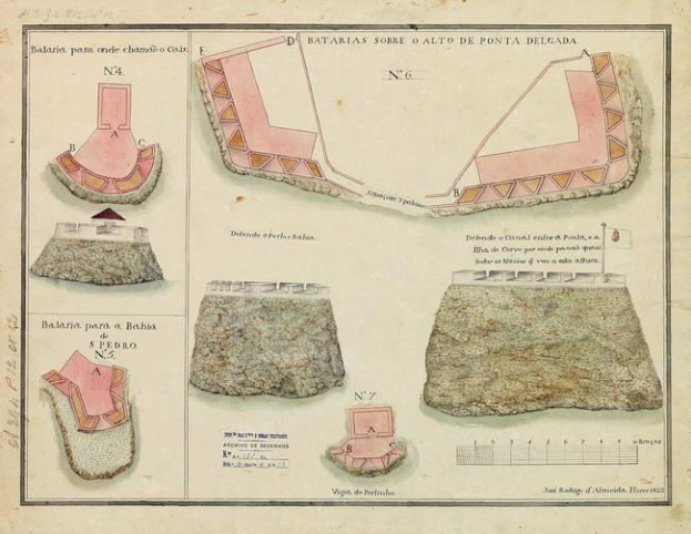 Eine handgezeichnete architektonische Planung mit einer Befestigung, die als "baterías sobre o alto de ponta delgada" bezeichnet wird, sowie verschiedenen Gesteinsarten und begleitendem erklärendem Text.