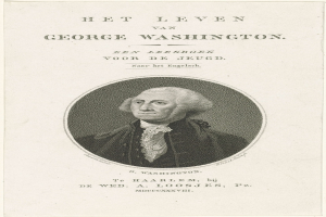 Porträt von George Washington auf Papier mit Text, der nach vorne schaut und einen ernsten Ausdruck hat, gekleidet mit Anzug und Krawatte.