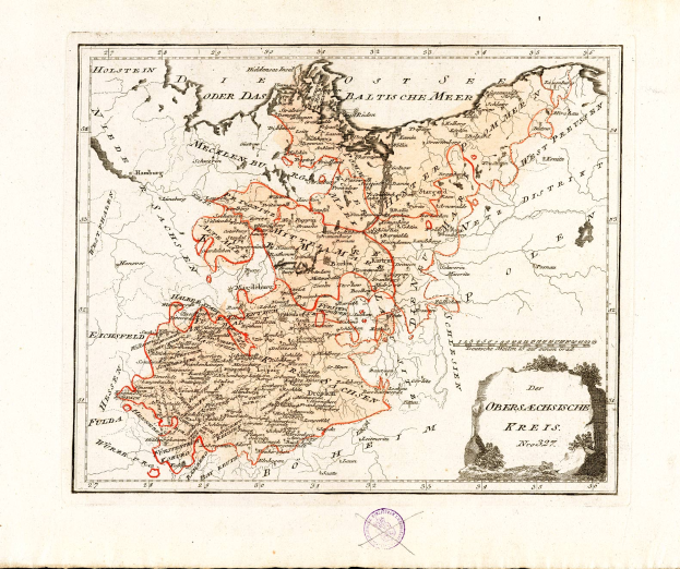 Eine alte Deutschlandkarte mit den Provinzen von Deutschland und Österreich in Rot hervorgehoben, auf Papier gedruckt mit Text und einem Stempel unten.