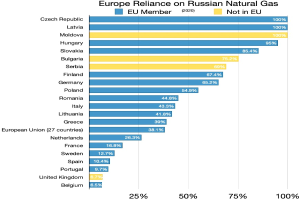 Ein Balkendiagramm, das den prozentualen Anteil von Russlands Erdgasimporten in Europa zeigt, mit Text, der die Investitionsprozente angibt.