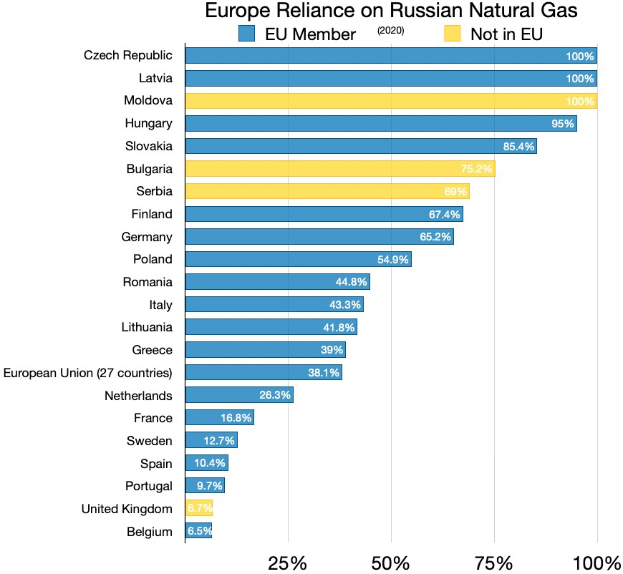 Ein Balkendiagramm, das den prozentualen Anteil von Russlands Erdgasimporten in Europa zeigt, mit Text, der die Investitionsprozente angibt.