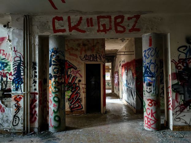 Verlassenes Gebäude mit graffiti-bedeckten Wänden, Säulen, freiliegenden Rohren und einem sichtbaren Boden, das Zeichen von urbaner Verwahrlosung.