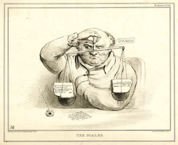 Ein Mann in Anzug sitzt an einem Tisch mit einer Waage vor ihm, die er mit Texten und Zahlen versieht und einen entschlossenen Gesichtsausdruck hat.