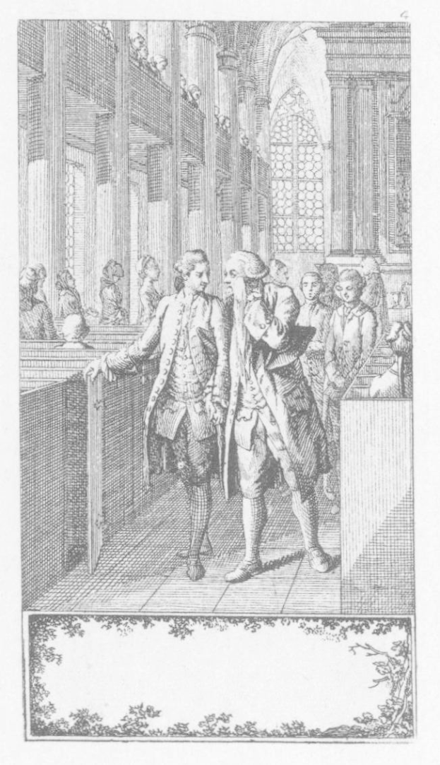 Eine Schwarz-Weiß-Radierung von zwei Männern in einem Gerichtssaal, umgeben von Menschen, Säulen und einem Fenster, mit Text unten, der lautet: "William Hogarth - Der Prozess gegen William Hogarth".