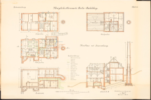 Ein altes Buch mit einer Zeichnung des ursprünglichen Plans der Königlichen Hermwerk Berlin-Baklberg, das detaillierte Baupläne und Text enthält.
