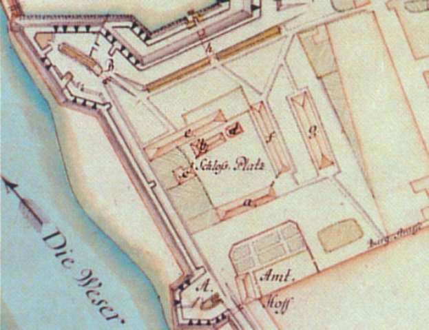 Ein detaillierter alter Stadtplan mit zahlreichen Gebäuden, Straßen und anderen Merkmalen, darunter ein Haus.
