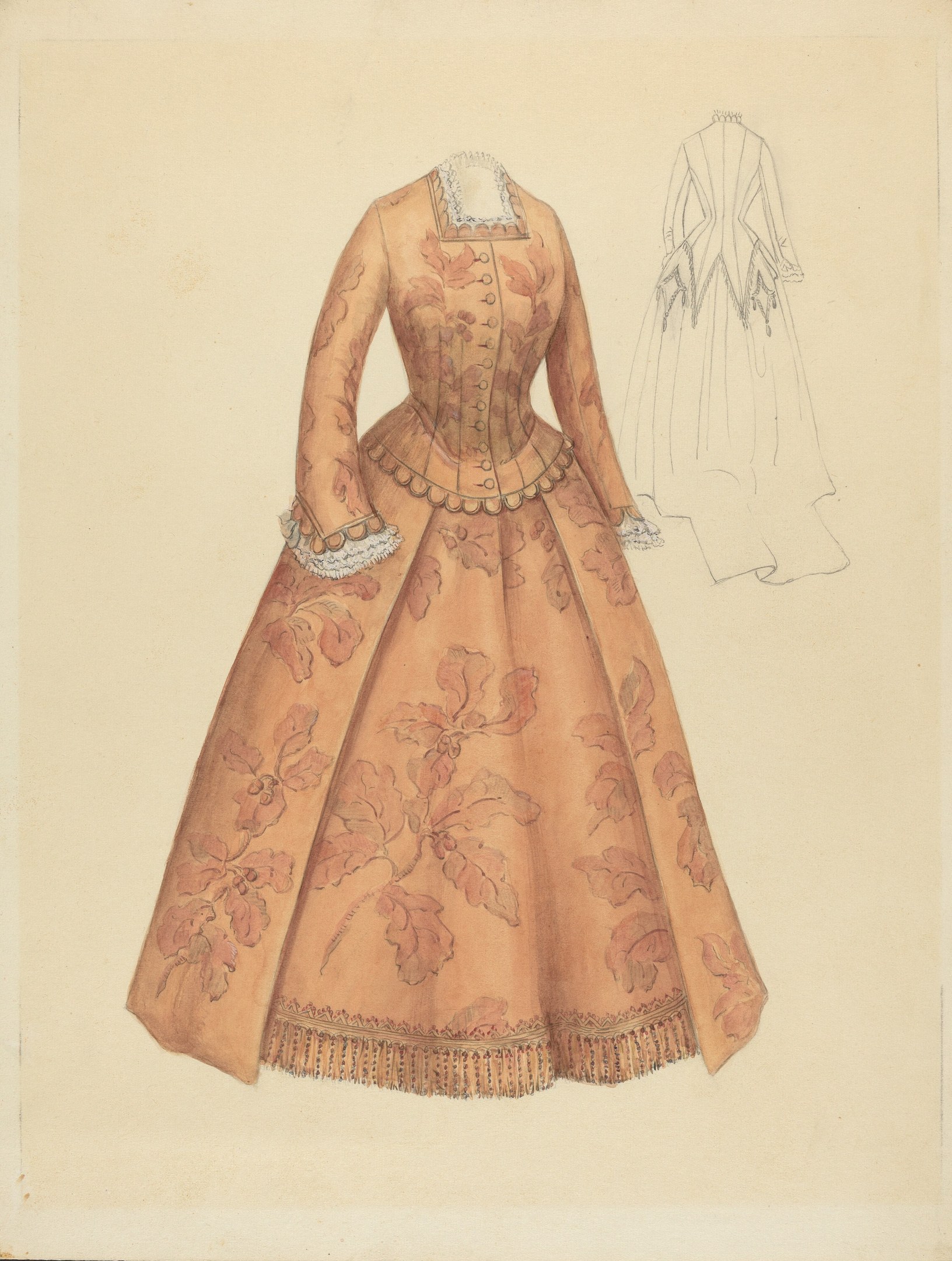 Ein detailliertes Kostümdesign aus dem 18. Jahrhundert für ein bodenlanges Kleid mit hohem Kragen, floral gemustertem Oberteil in Rosa, Lila und Blau sowie einer Spitzenborte am Rock.