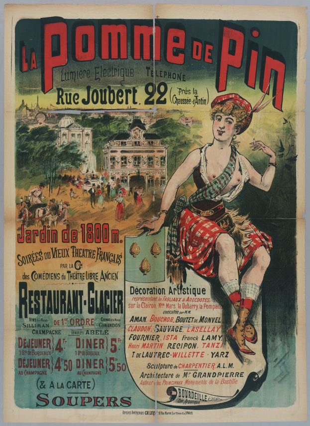 Plakat, das eine pomme de pin-Veranstaltung in Paris ankündigt, zeigt eine Frau in einem Kilt umgeben von Menschen, Bäumen und Gebäuden mit Text.