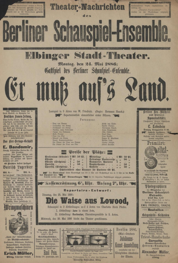 Eine alte Zeitungsannonce aus dem Jahr 1866 für das Berliner Schauspiel-Ensemble, die einen Mann in Anzug und Krawatte zeigt, mit beschreibendem Text zum Ereignis.