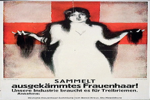 Ein deutsches Propagandaplakat mit einer Frau mit langen Haaren, mit Text, der wahrscheinlich Informationen über sie enthält.