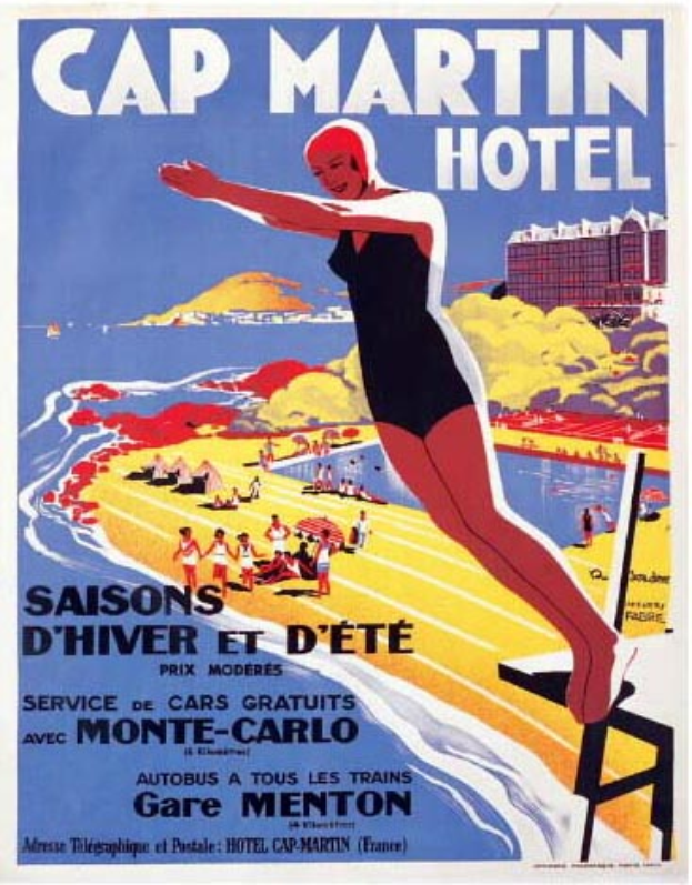 Ein Vintage-Plakat, das das Cap Martin Hotel in Monte Carlo, Frankreich bewirbt, zeigt eine Frau in einem Badeanzug umgeben von Menschen, Wasser, Hügeln und einem Gebäude mit Text.