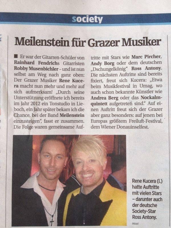 Zwei Männer in Anzügen und Krawatten lächeln in eine Kamera in einem Zeitungsartikel mit der Überschrift "Grazer Musiker" vom März 2012.