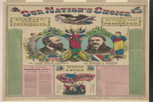 Ein Plakat mit Bildern von Menschen und dem Text "Unsere Nationen Wahl: Harmonie, Frieden, Wohlstand und Wohlstand".