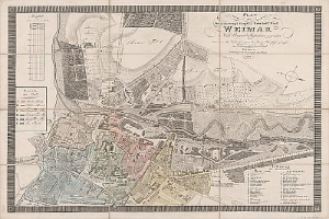 Detailierte alte Karte von Weimar, Deutschland, die Straßen, Gebäude und Sehenswürdigkeiten zeigt, mit begleitendem Text über die Bevölkerung und Merkmale der Stadt.