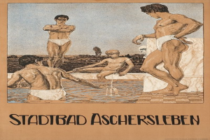Plakat für ein Schwimmbad in Aschersleben, Deutschland, das Menschen im und um das Wasser zeigt, mit Text, der Details über das Schwimmbad liefert.