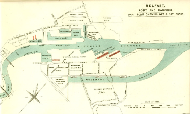 Alte Karte von Belfast, Nordirland, die den Hafen und den Hafen zeigt, auf Papier gedruckt mit Textanmerkungen.