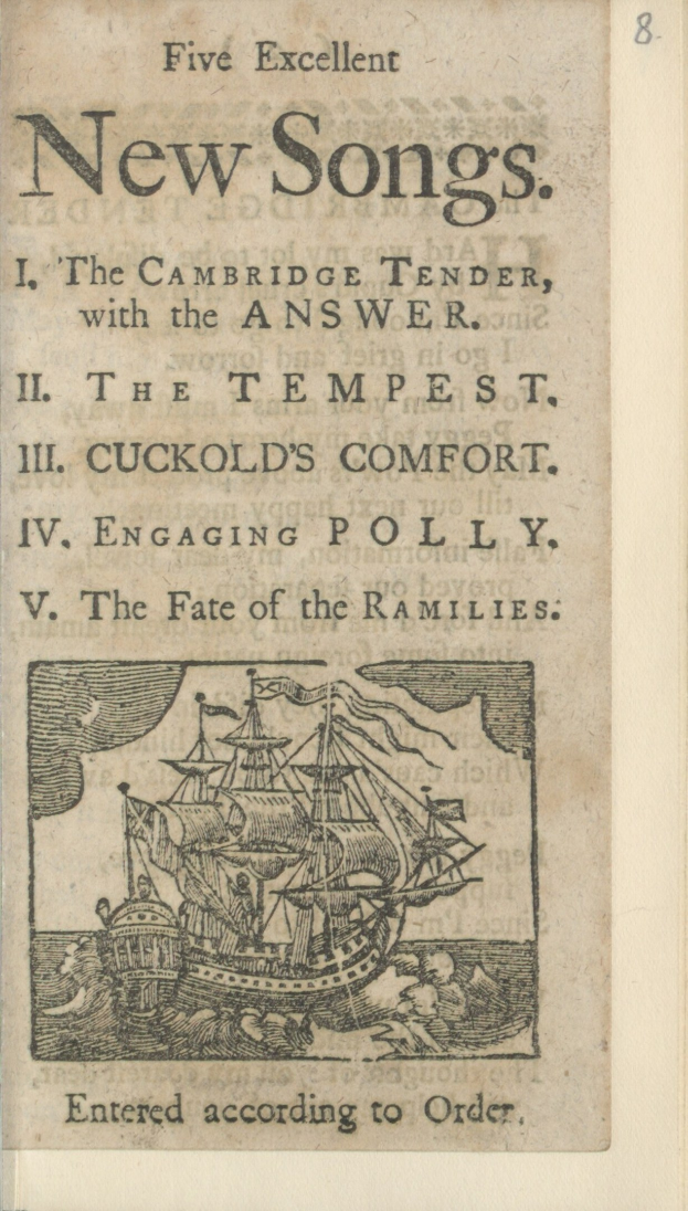 Altes Buchcover mit einem Schiff, das auf Wasser segelt, und dem Text "Fünf ausgezeichnete neue Lieder" sowie einem blauen Himmel mit weißen Wolken.