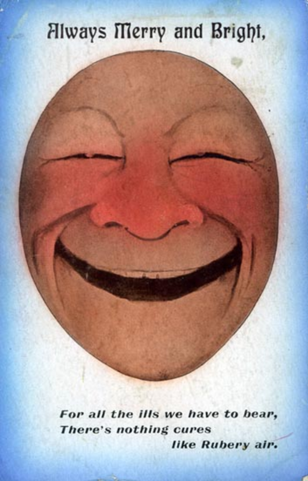 Ein Plakat mit einem Menschen mit fröhlichem Gesichtsausdruck, geschlossenen Augen und leicht geöffnetem Mund, auf dem der Text «Immer fröhlich und hell» steht.