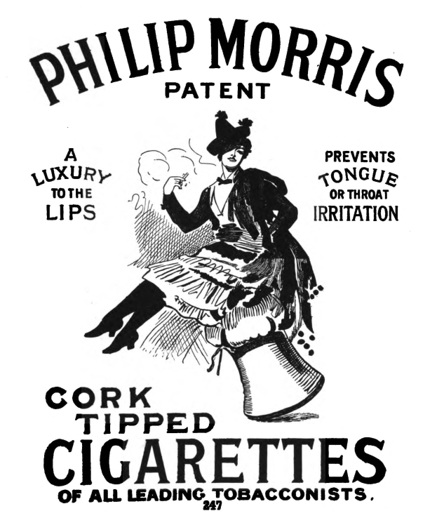 Anzeige für Philip Morris Cork Tipped Cigarettes mit einer Frau, die auf einem Stuhl sitzt und eine Zigarette hält, mit Werbetext.