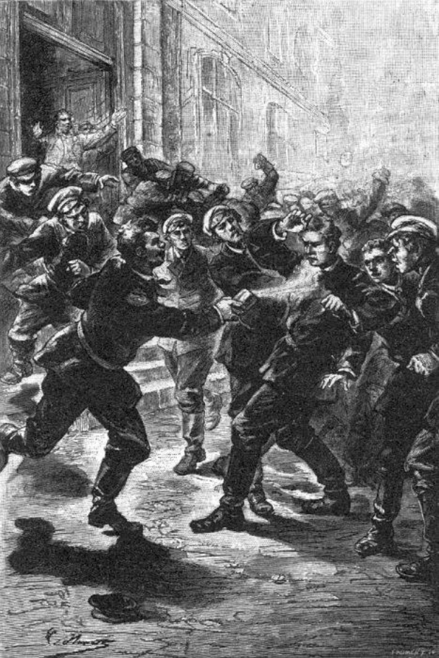 Schwarze und weiße Illustration einer gewalttätigen Straßenschlägerei in viktorianischer Zeit in London, mit einem Gebäude im Hintergrund und Text, der unten 'Victorian riots in London, England' lautet.